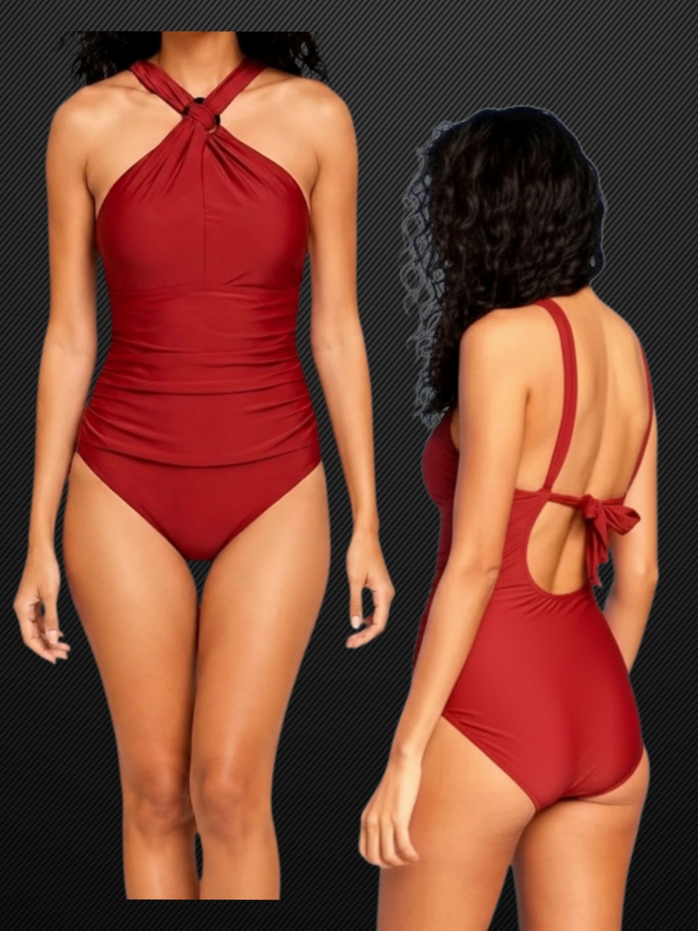 Sol High Neck Swimsuit Open Back One Piece Deep Red Keyhole Ruched Tummy Small